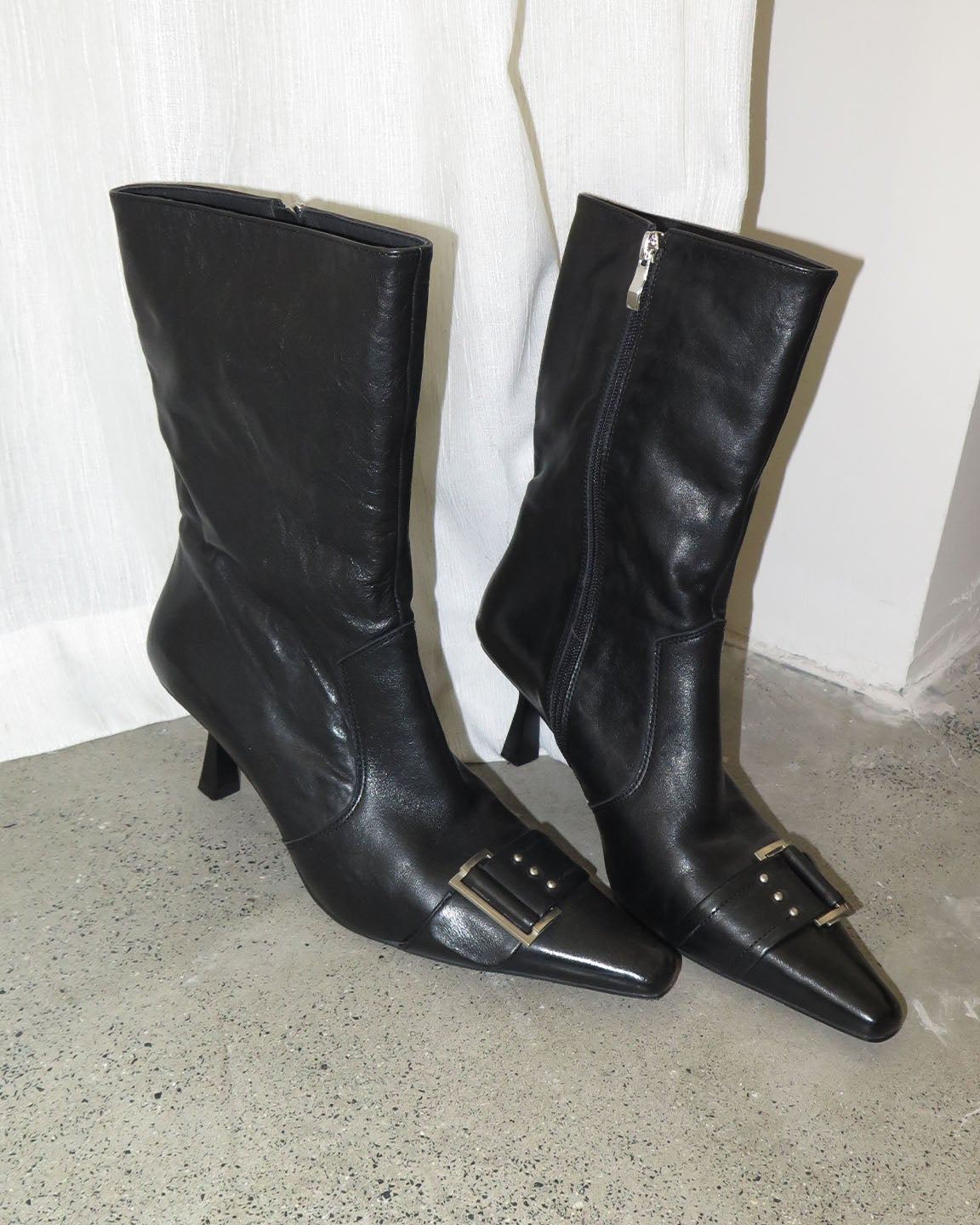 Buckle Pointed Toe Mid Calf Stiletto Boots