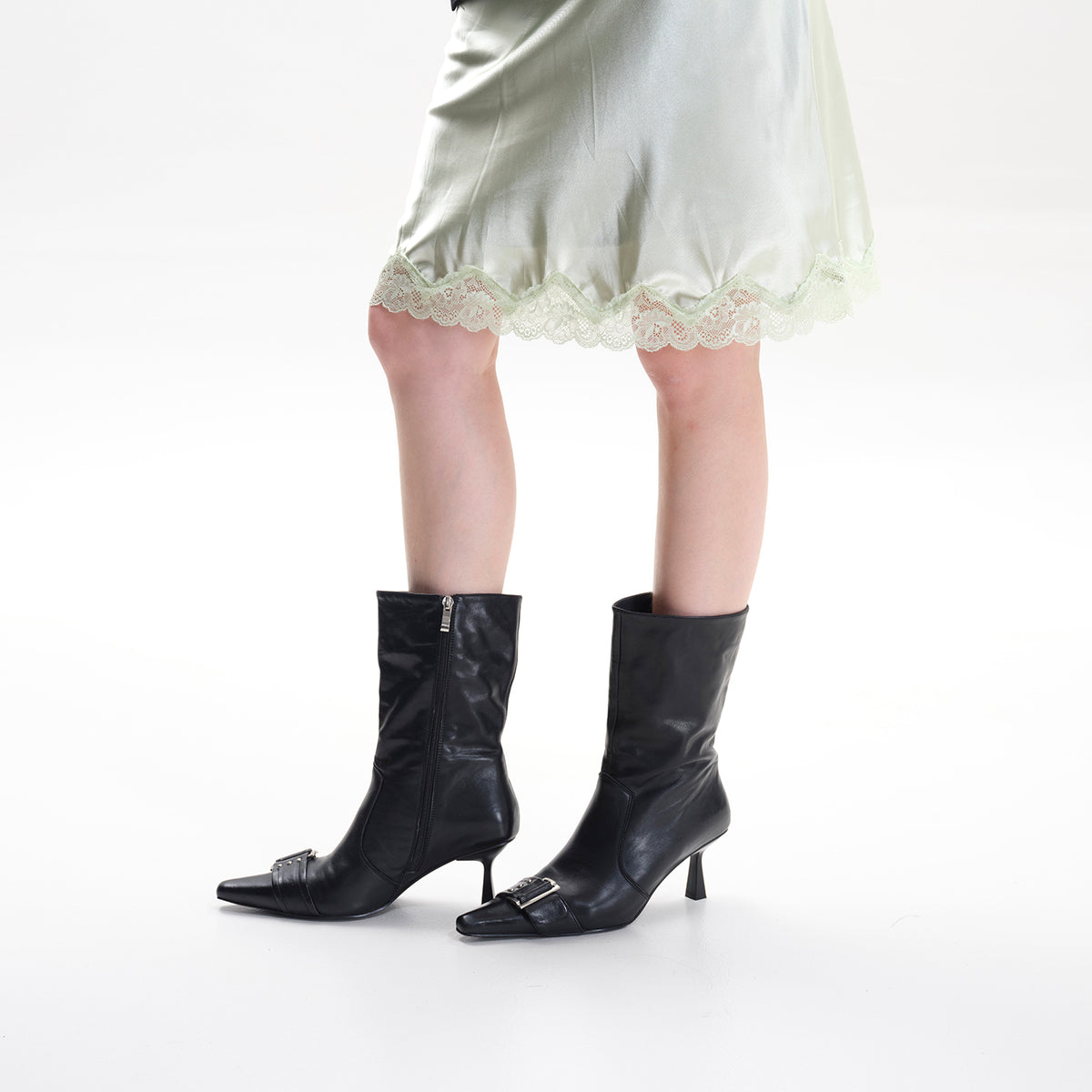 Buckle Pointed Toe Mid Calf Stiletto Boots