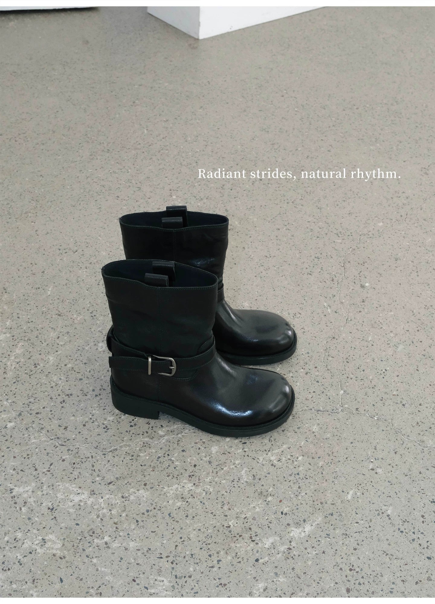 Black Leather Buckle Block Heel Booties