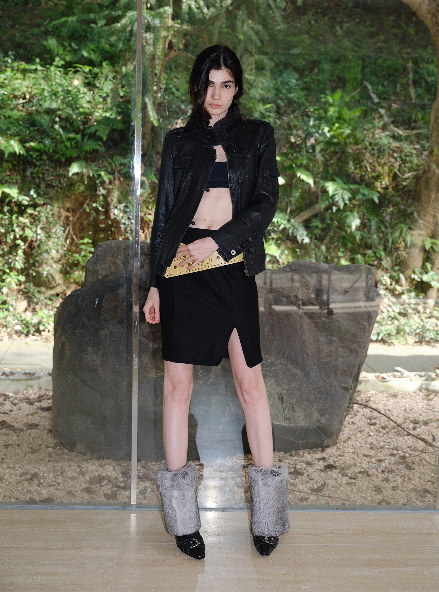 Black Sheepskin Fur Trim Stiletto High Boots