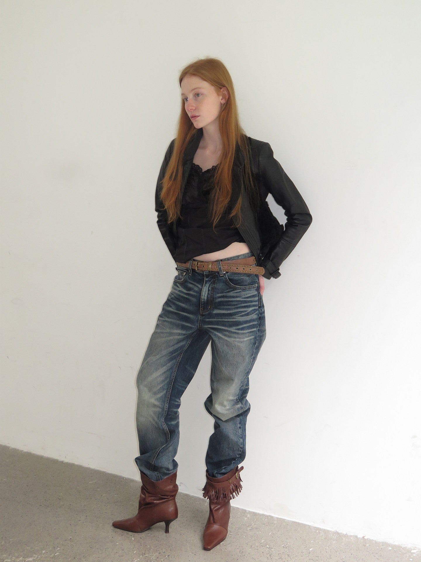 Brown Lambskin Slouchy Fringed Booties