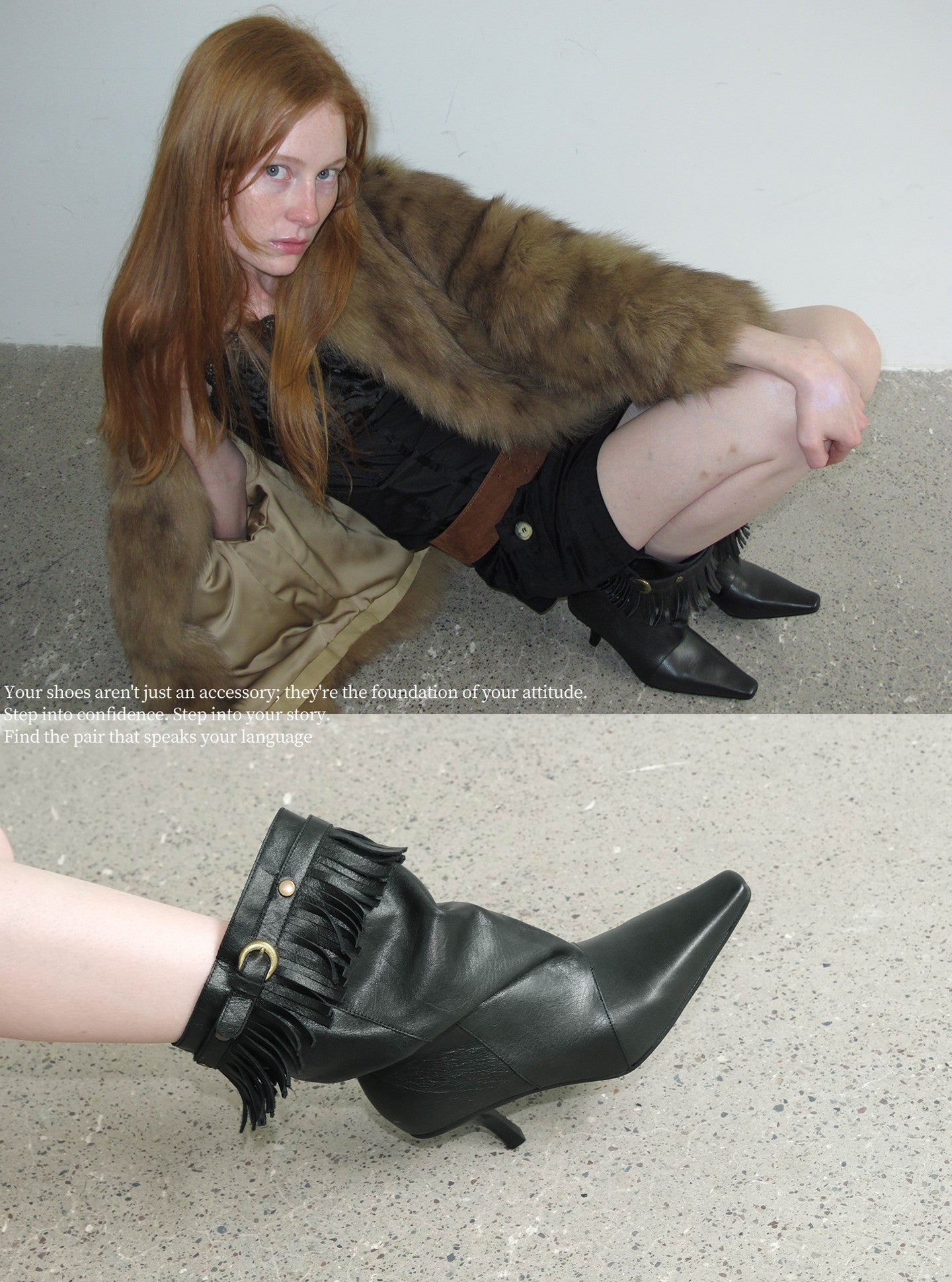 Vintage Black Leather Slouchy Fringed Booties