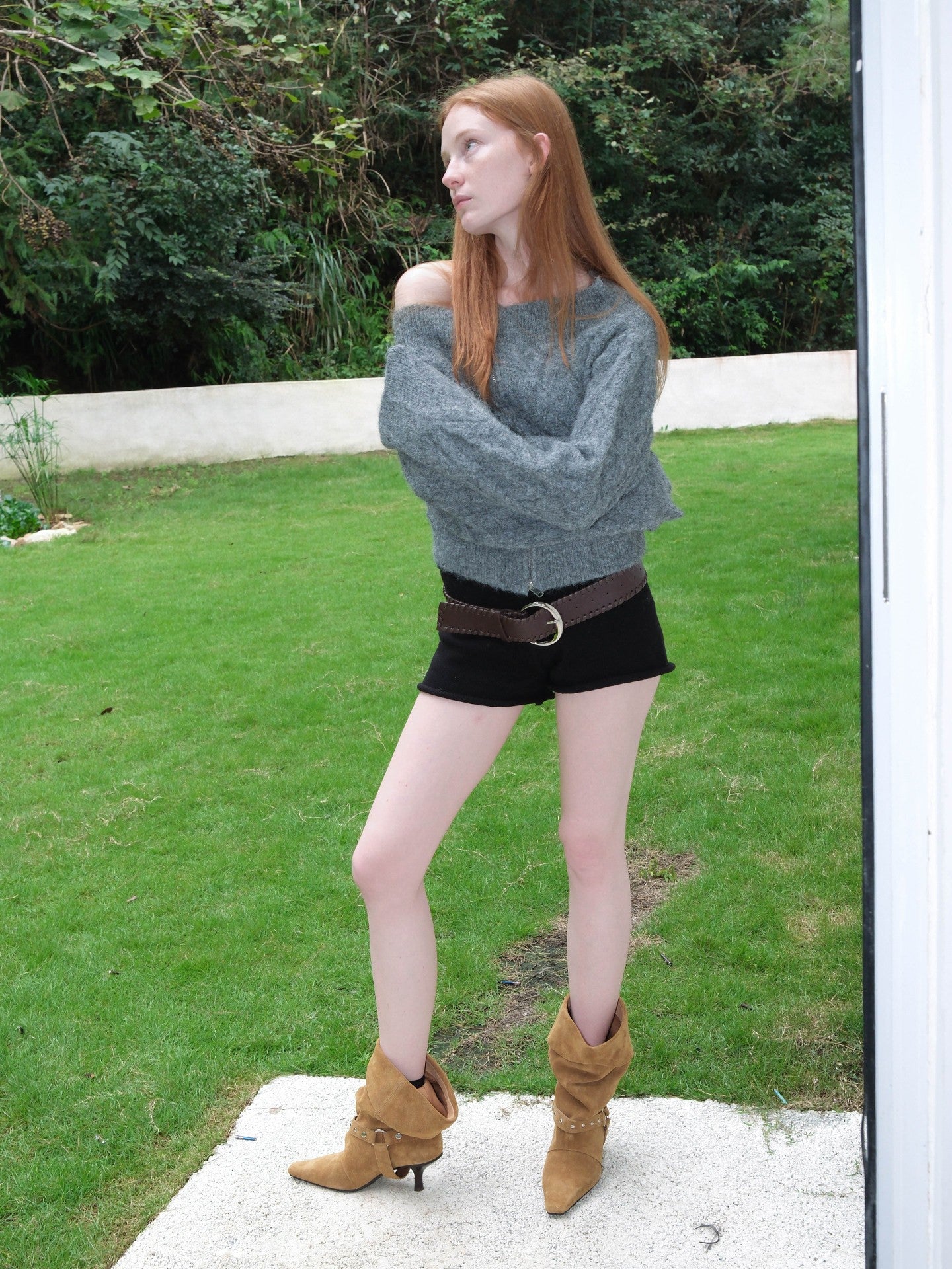 Studded Slouchy Wide Calf Leather Boots