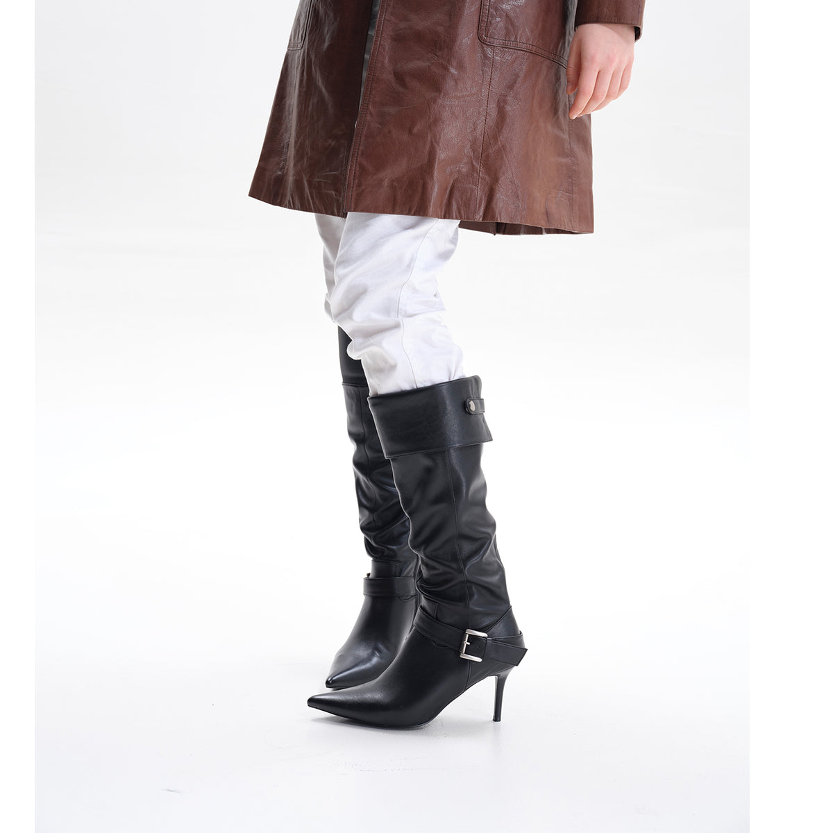 Fold-over Buckle Knee High Stiletto Boots