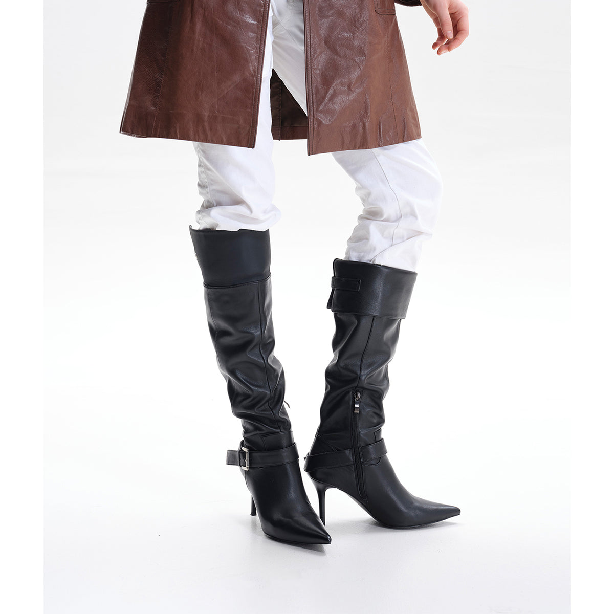 Fold-over Buckle Knee High Stiletto Boots