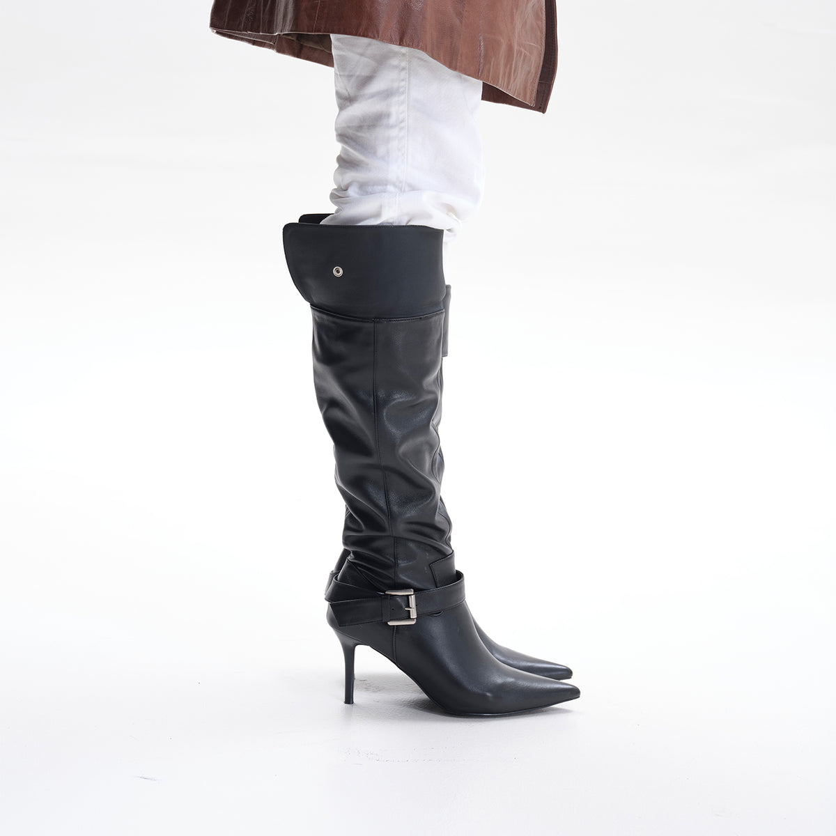 Fold-over Buckle Knee High Stiletto Boots