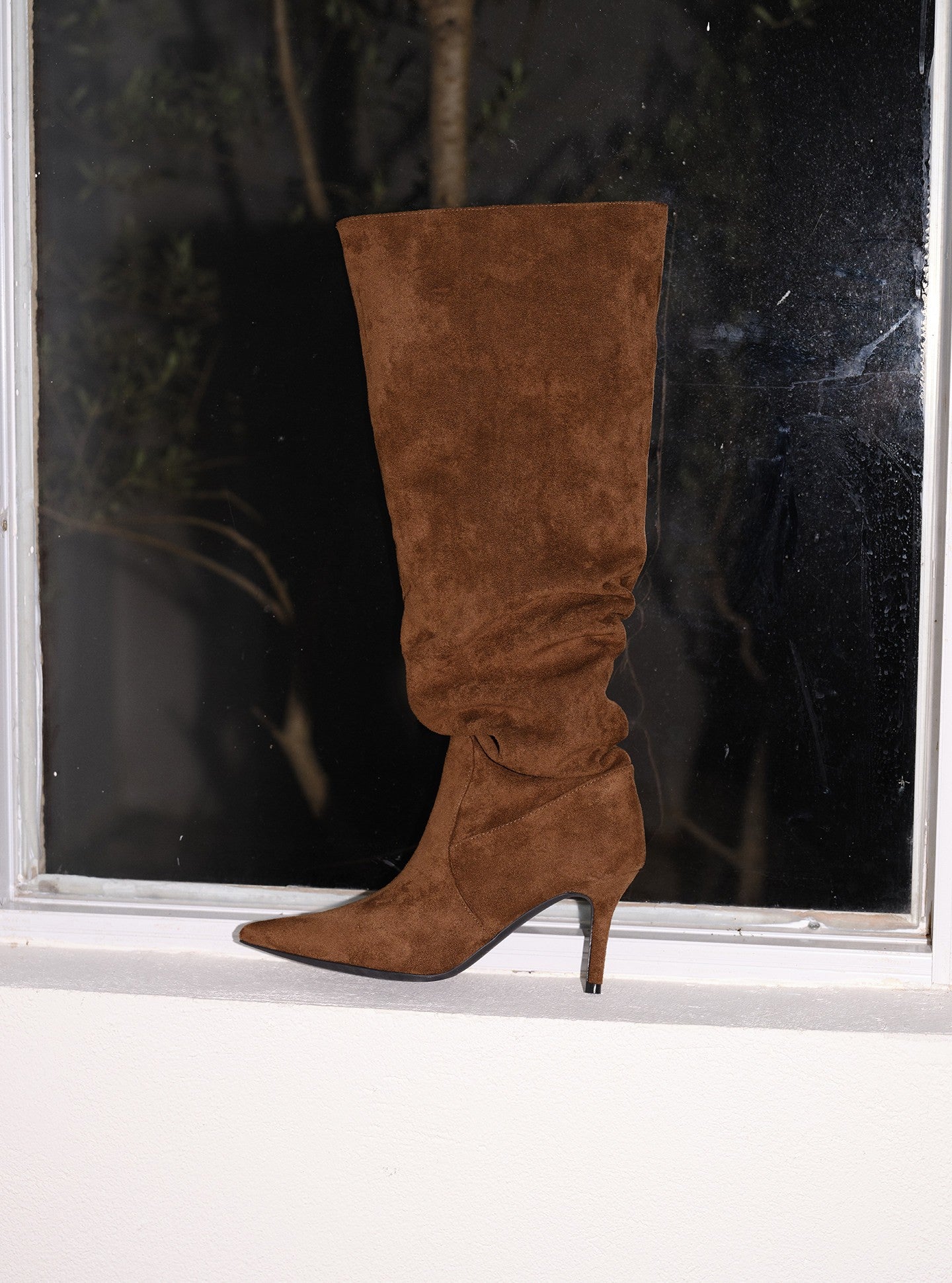 Brown Suede Slouchy Wide Calf Stiletto Boots
