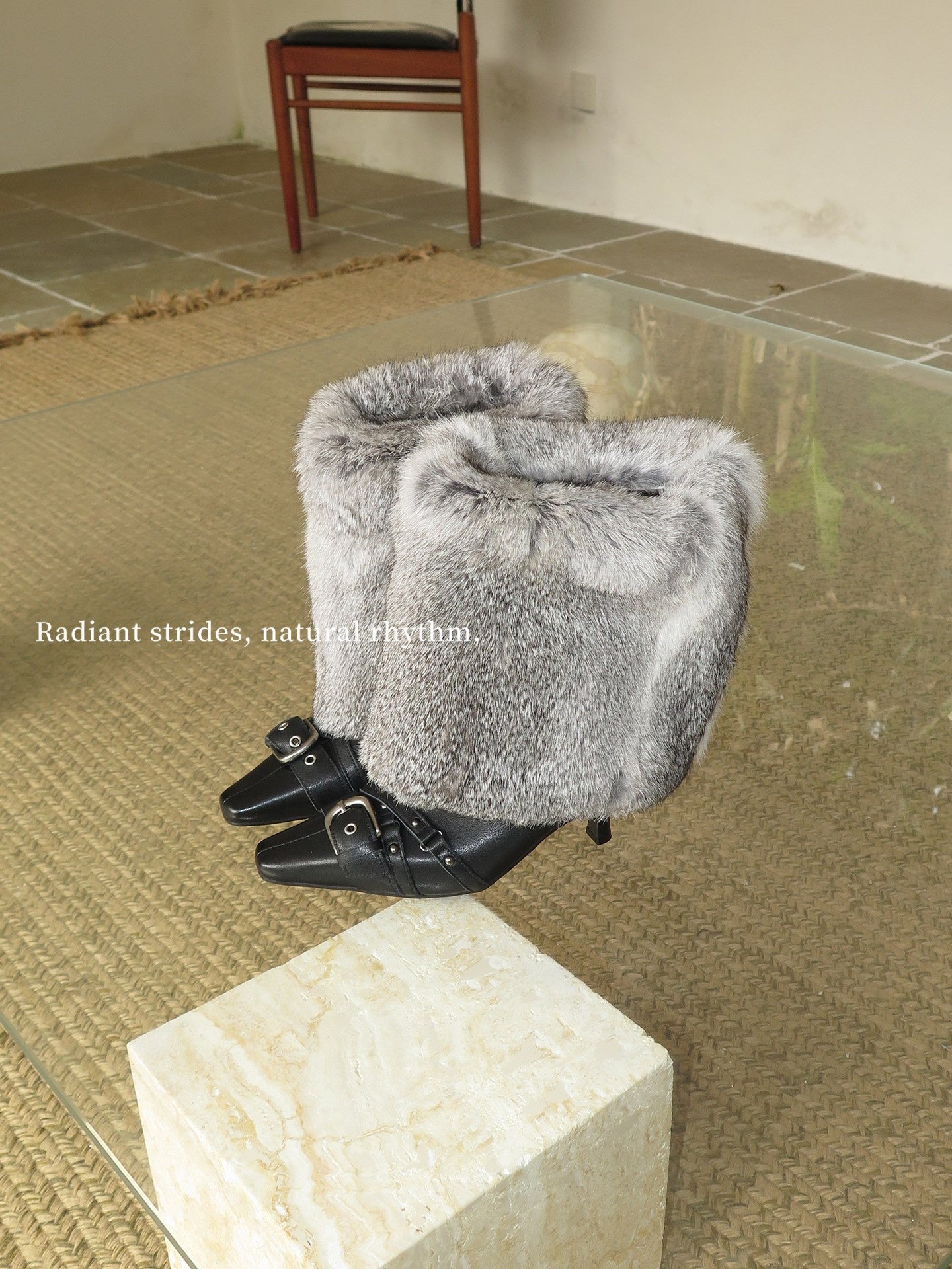 Black Sheepskin Fur Trim Stiletto High Boots