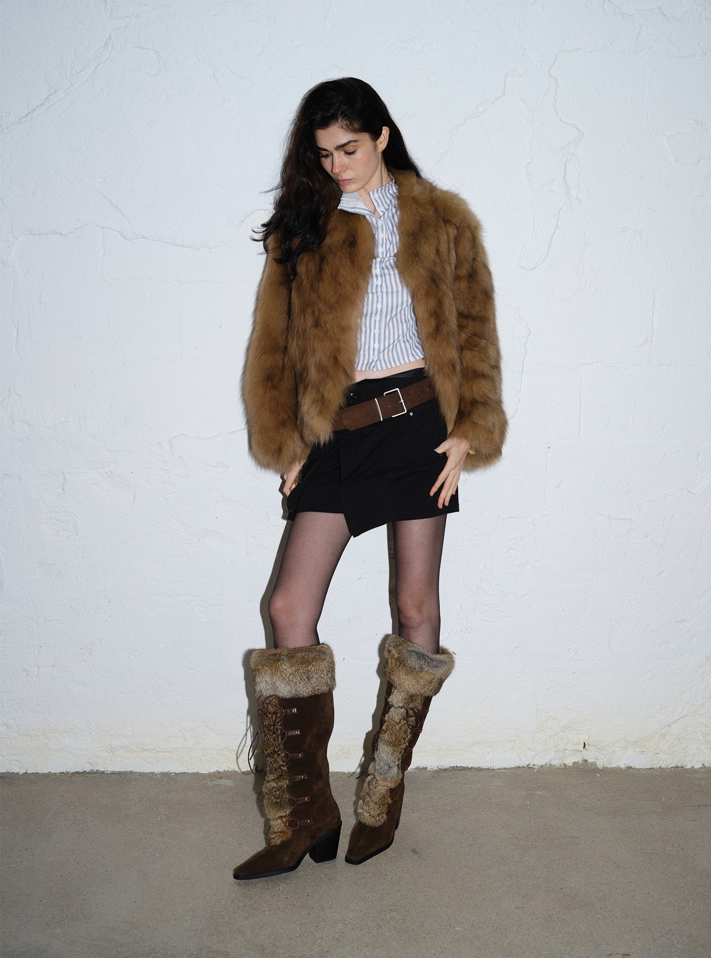 Brown Suede Strappy Fur-Lined Tall Boots