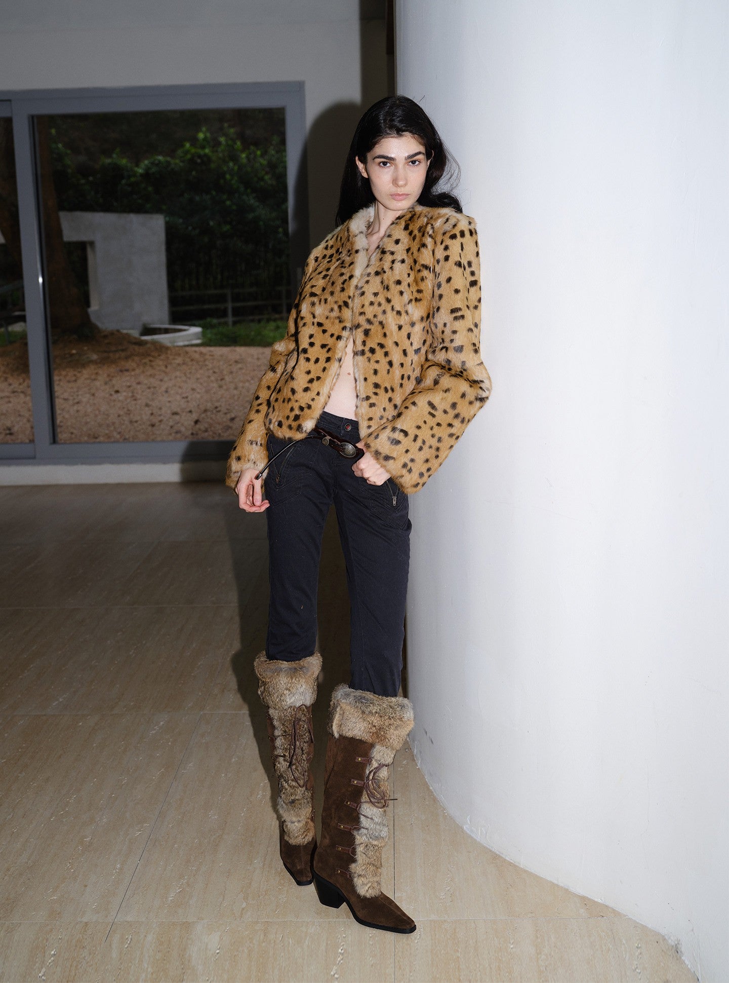 Brown Suede Strappy Fur-Lined Tall Boots