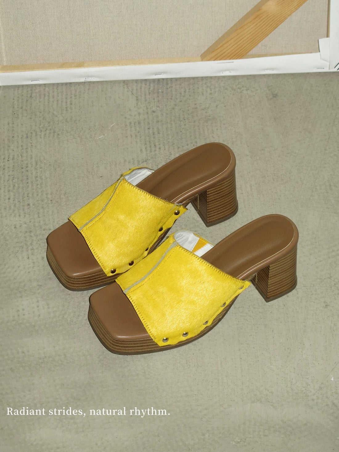 Yellow Calf Hair Studded Wooden Heels