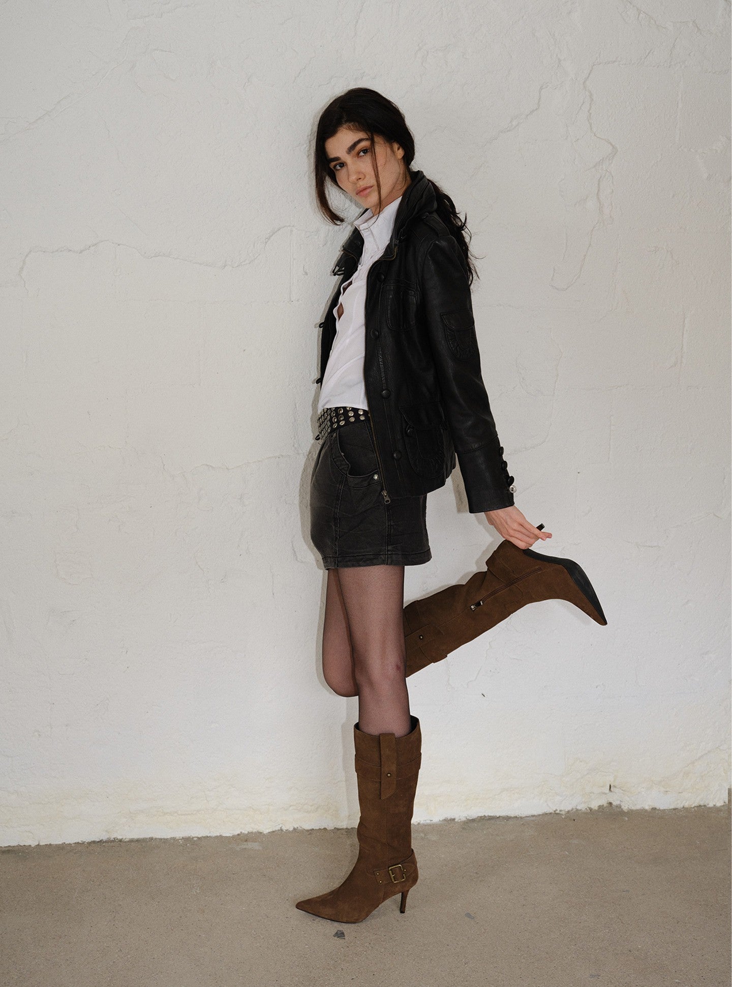 Vintage Suede Buckle Detail Stiletto Long Boots