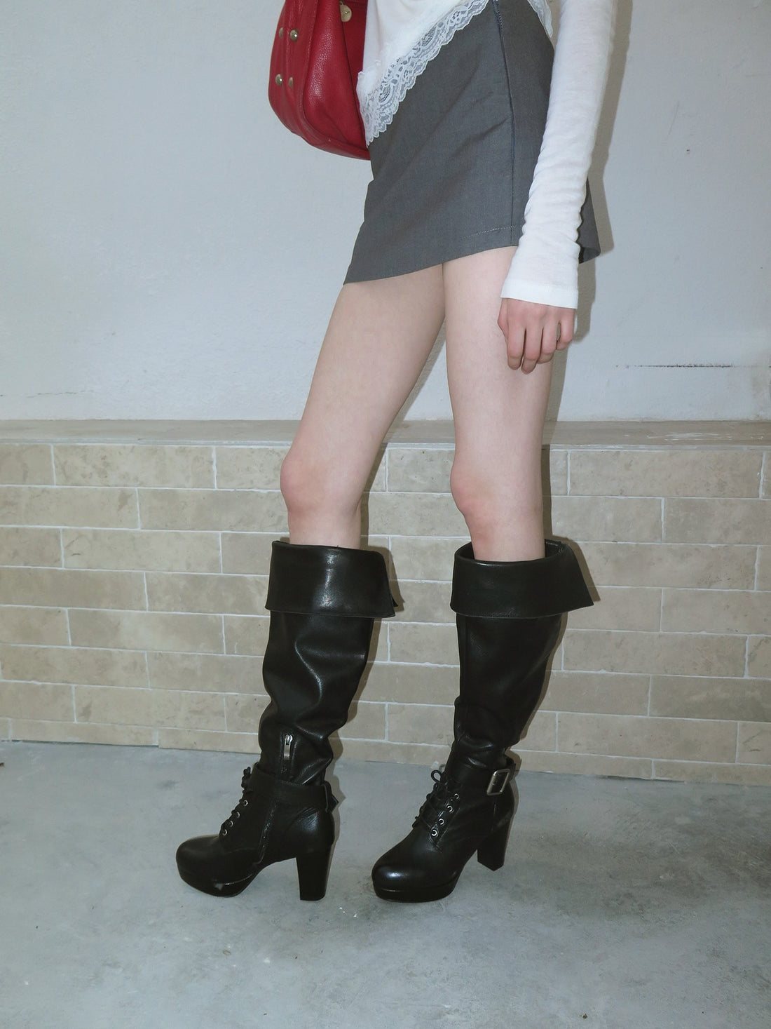 Premium Black Leather Lace-Up Platform Boots