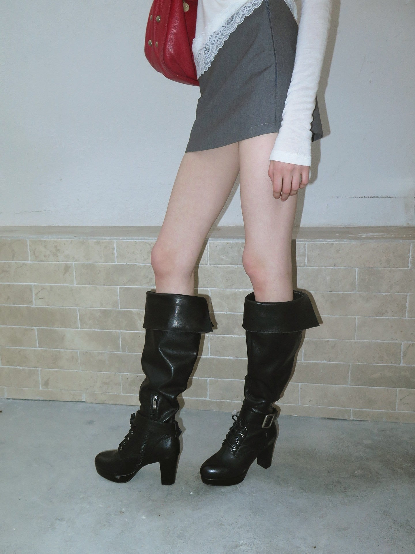Premium Black Leather Lace-Up Platform Boots