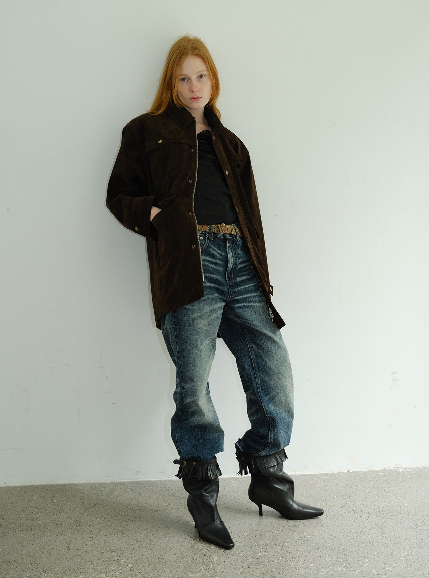 Vintage Black Leather Slouchy Fringed Booties