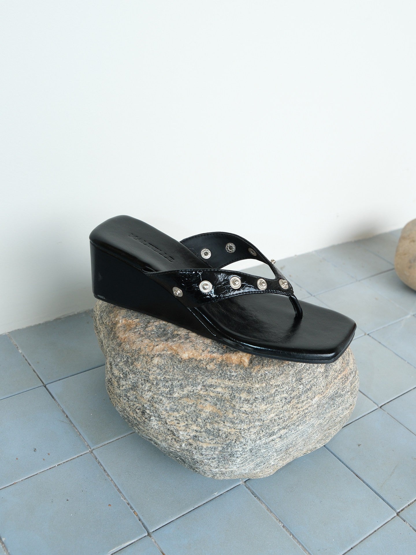 Black Leather Minimalist Wedge Heeled Sandals