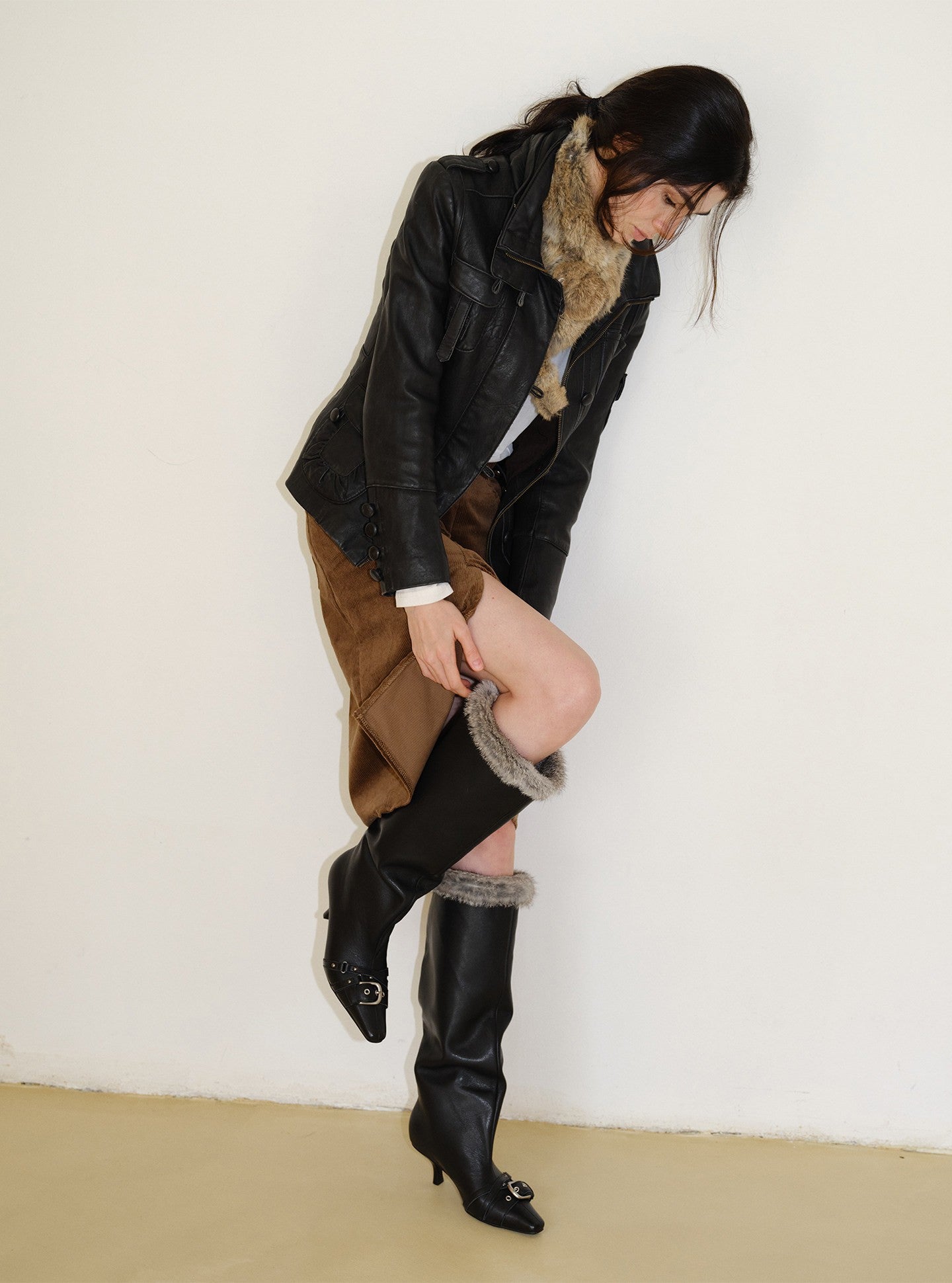 Black Sheepskin Fur Trim Stiletto High Boots