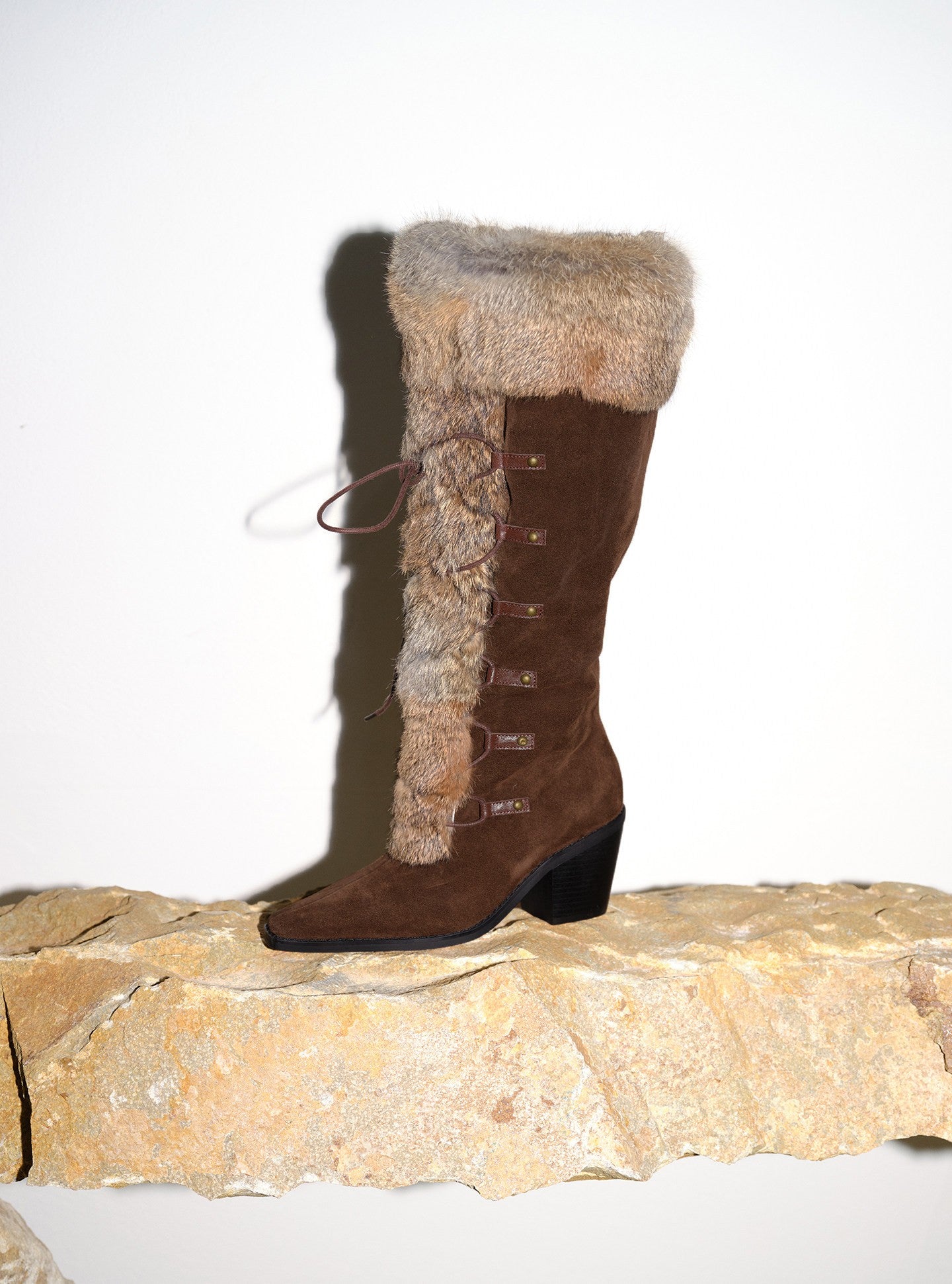Brown Suede Strappy Fur-Lined Tall Boots