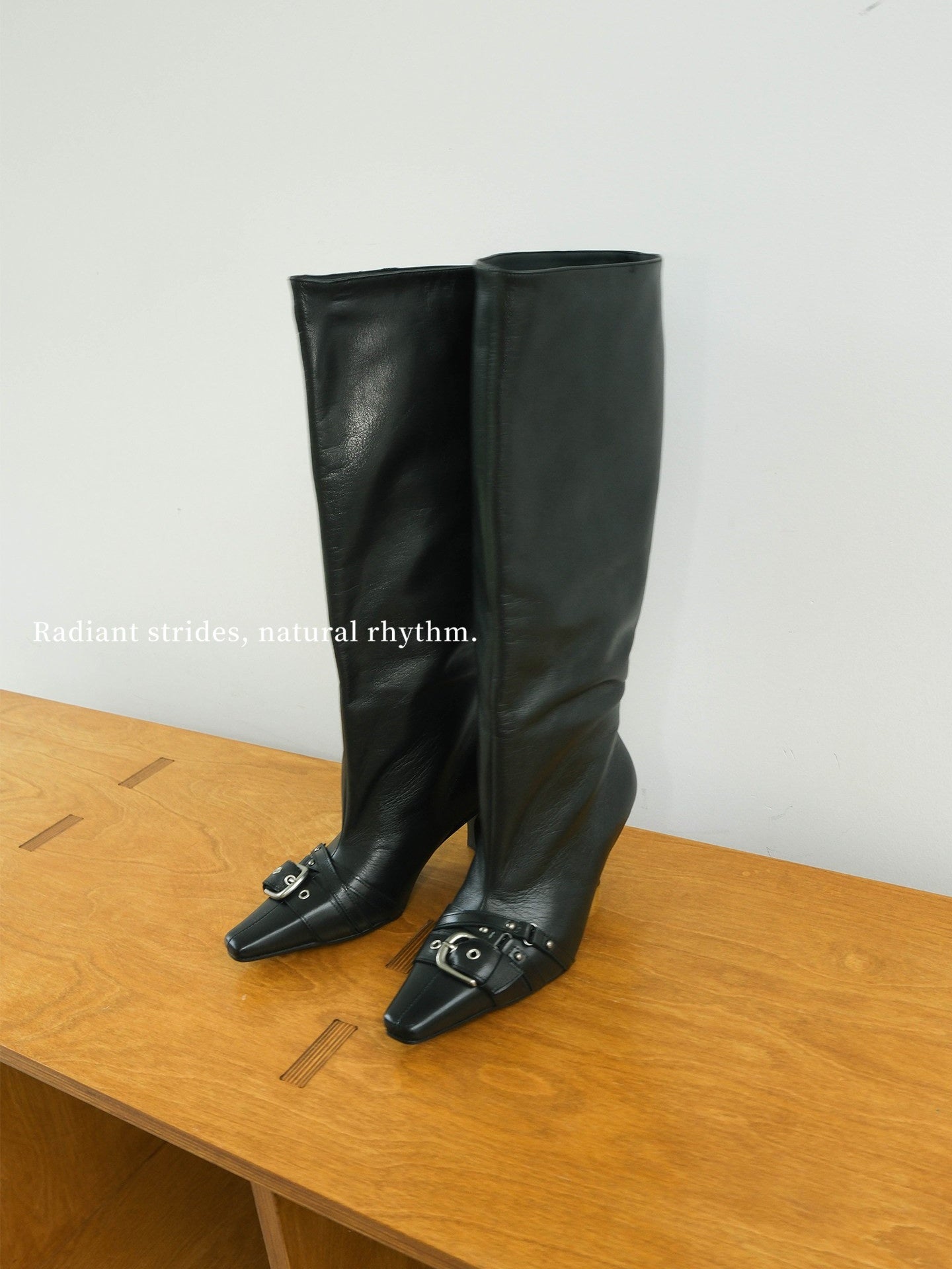Vintage Black Leather Slouchy Buckle Boots