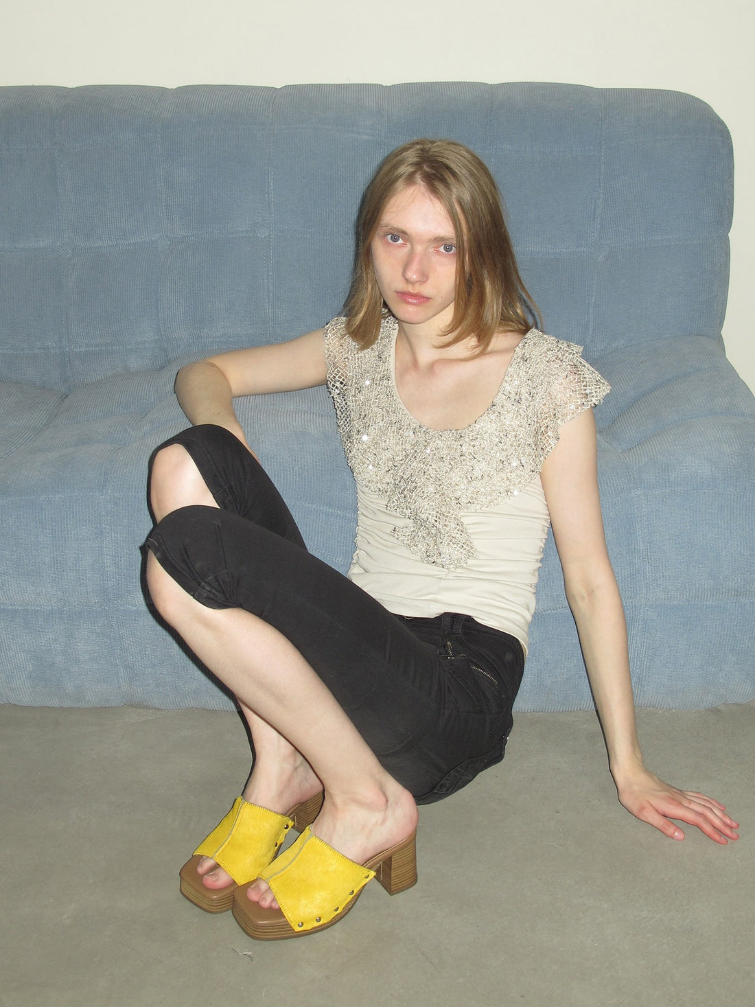 Yellow Calf Hair Studded Wooden Heels
