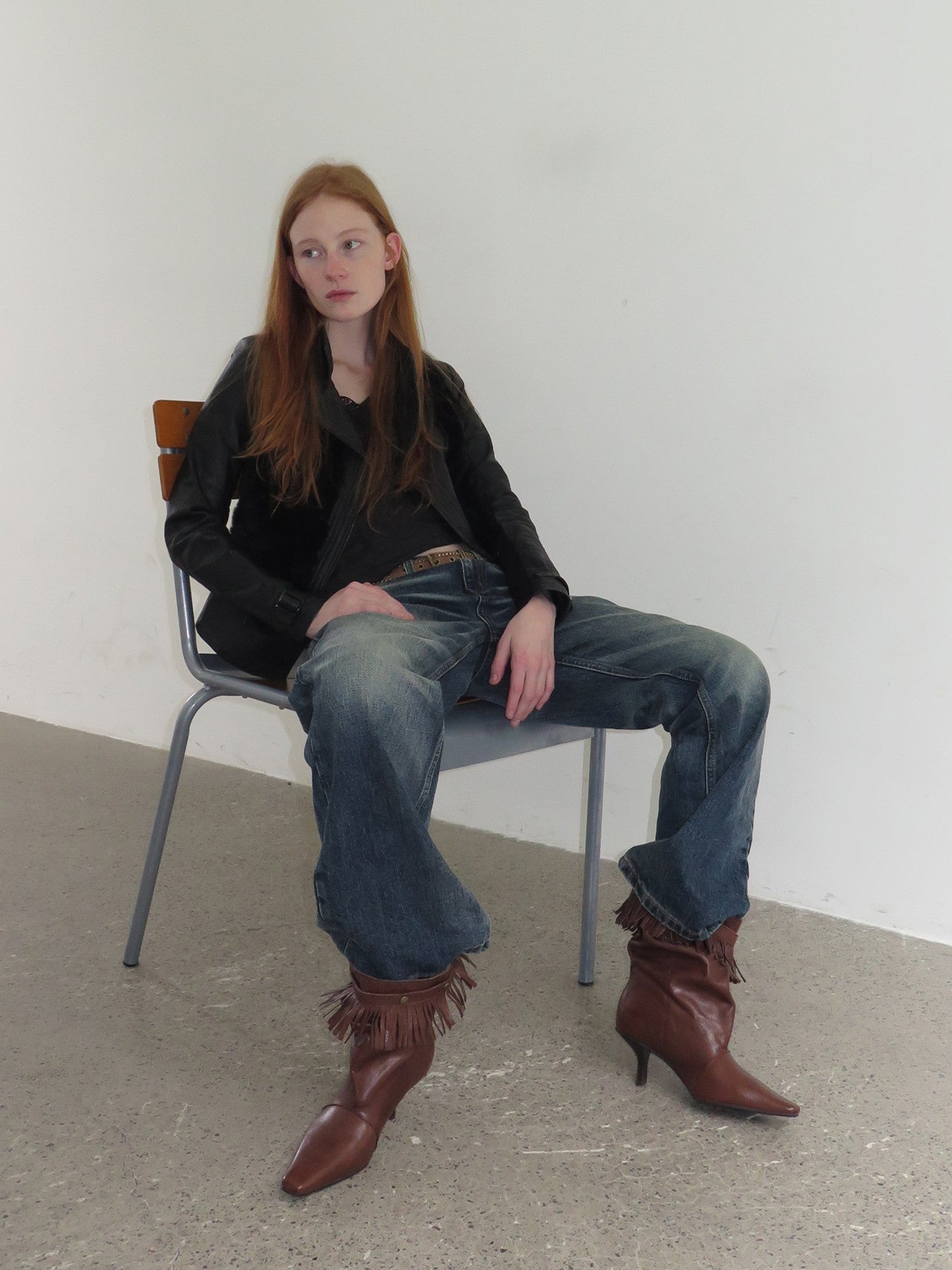 Brown Lambskin Slouchy Fringed Booties