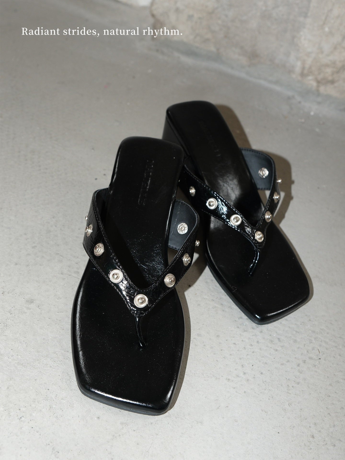 Black Leather Minimalist Wedge Heeled Sandals