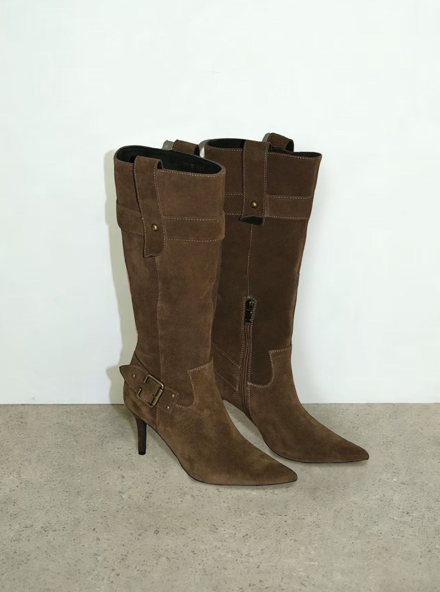 Vintage Suede Buckle Detail Stiletto Long Boots