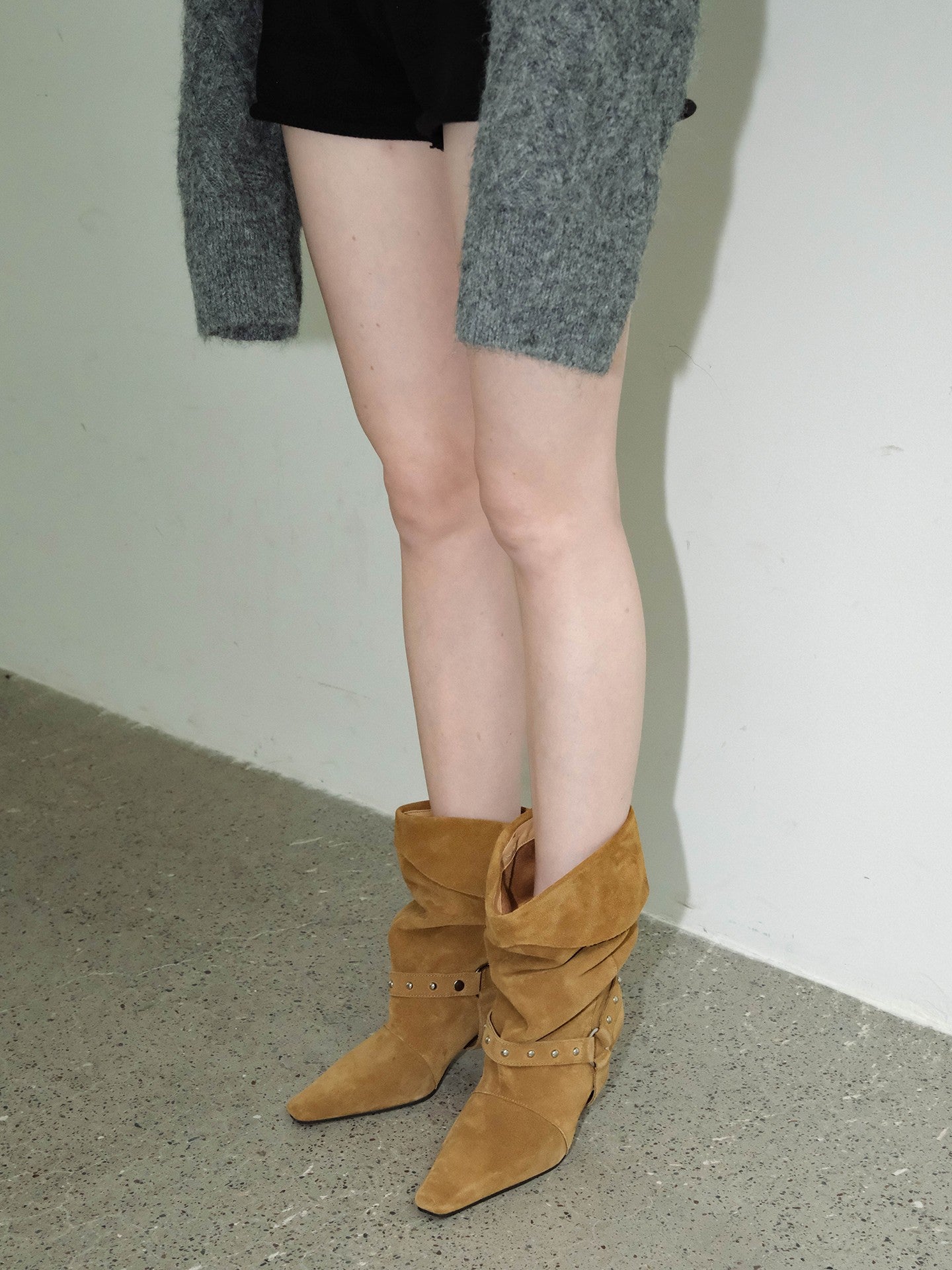 Studded Slouchy Wide Calf Leather Boots