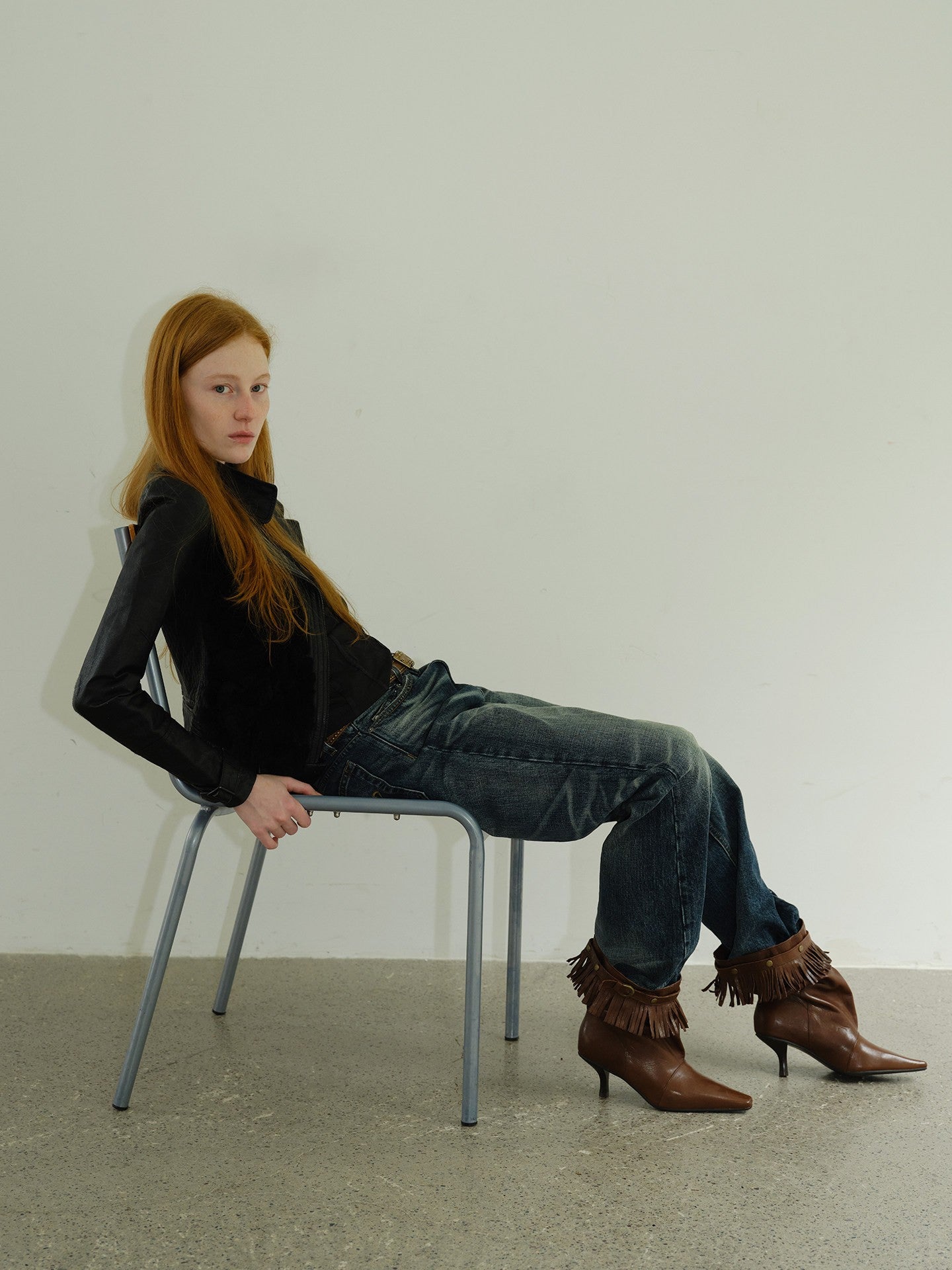 Brown Lambskin Slouchy Fringed Booties